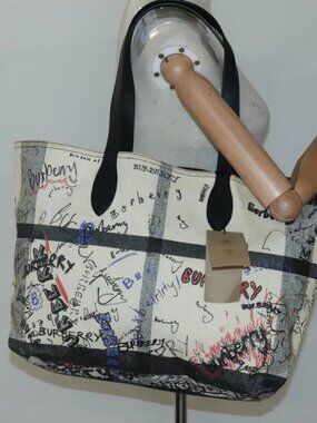 BURBERRY Tote Bag Coated Canvas White Auth KD428
